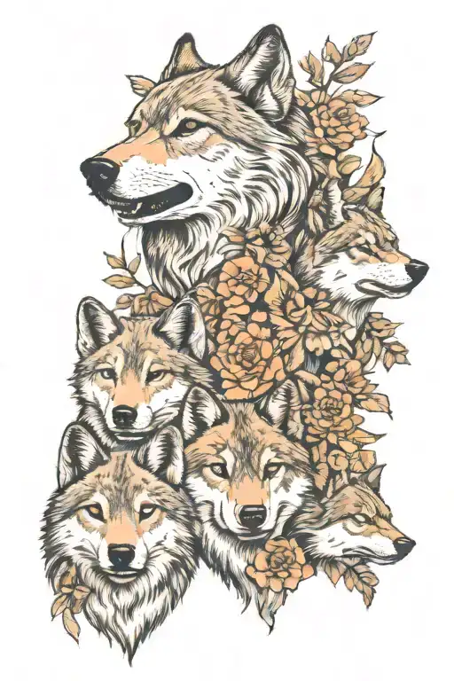 wolf and 4 wolf cubs face only with flowers surrounding tattoo design idea