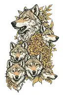 wolf and 4 wolf cubs face only with flowers surrounding tattoo design idea