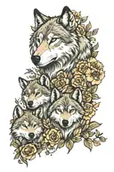 wolf and 4 wolf cubs face only with flowers surrounding tattoo design idea