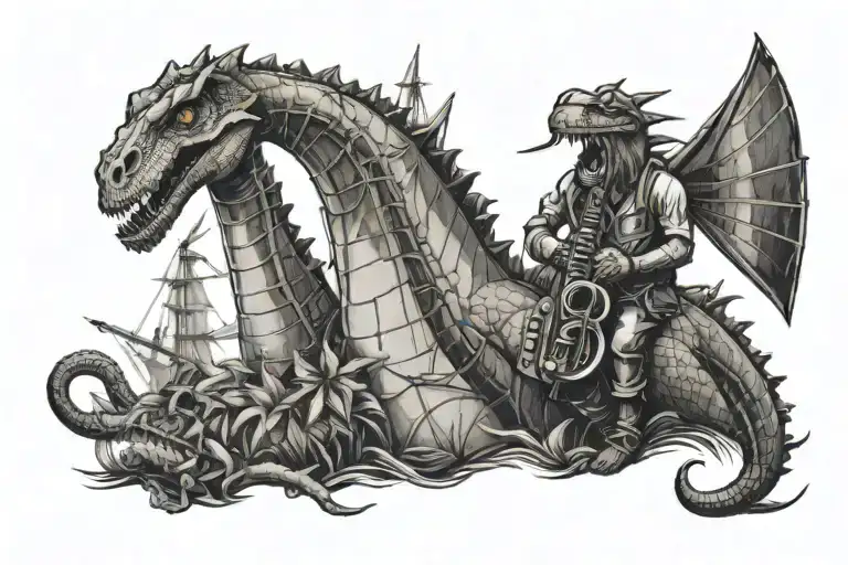 windmills and dinosaurs playing the saxophone tattoo design idea