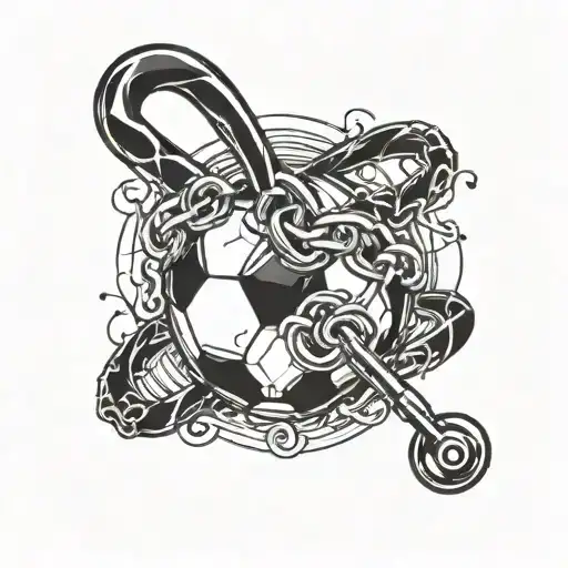 soccer ball and treble clef joined by a chain forming the shape tattoo design idea