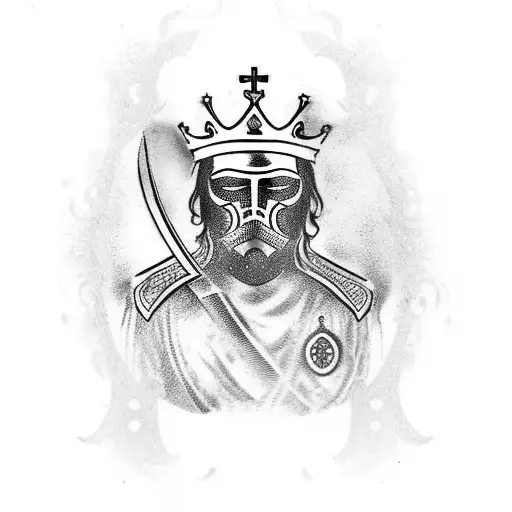 A king with a metal mask on standing with a sword with a cross on his chest tattoo design idea