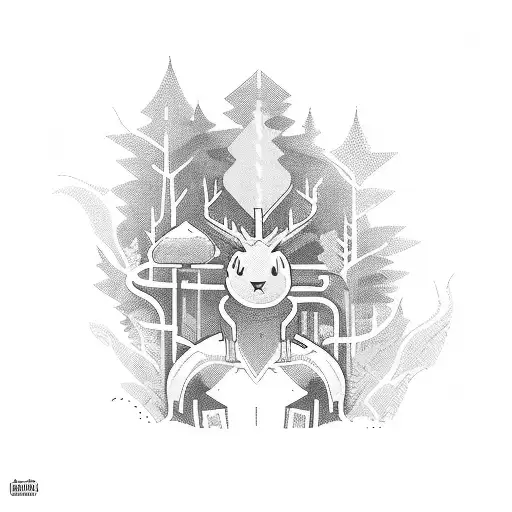 A retro-inspired video game character exploring a mystical forest filled with gym equipment, capturing the client's diverse interests tattoo design idea