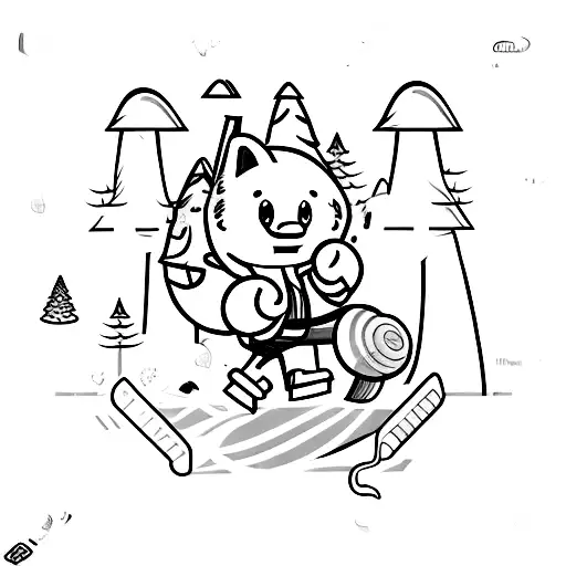 A retro-inspired video game character exploring a mystical forest filled with gym equipment, capturing the client's diverse interests tattoo design idea