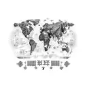 A pixelated world map with musical notes scattered across it tattoo design idea