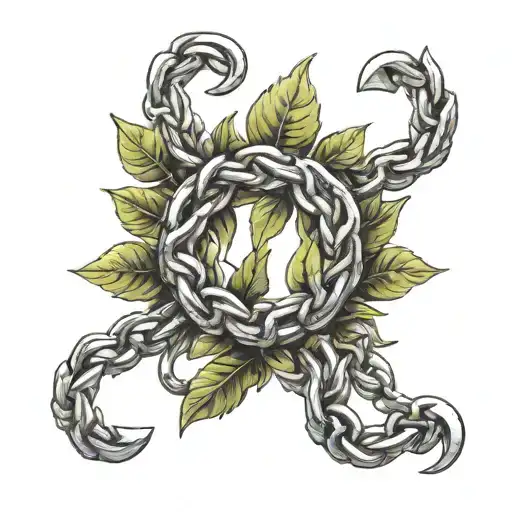 Laurel wreath made from steel chains. Its leaves emerge from a chain-shaped stem. Progressively going from metallic text tattoo design idea