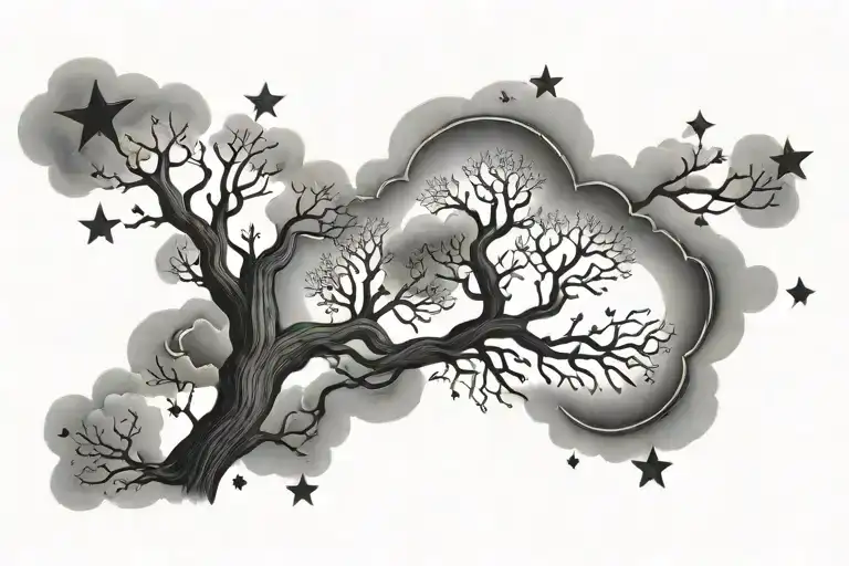 clouds stars and family tree tattoo design idea