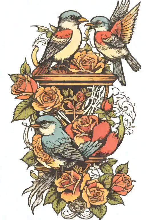 birds, roses 3 kids with lifeline tattoo design idea