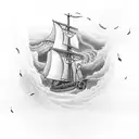 Goose like sailing ship in a thunderstorm, showing waves and thunder. To be placed on the left side of rib cag tattoo design idea