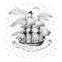 Goose like sailing ship in a thunderstorm, showing waves and thunder. To be placed on the left side of rib cag tattoo design idea