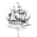 Goose like sailing ship in a thunderstorm, showing waves and thunder. To be placed on the left side of rib cag tattoo design idea