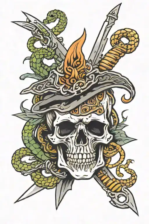 skull sword with snakes tattoo design idea