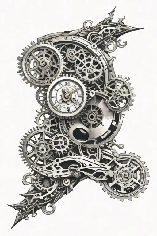realistic black and grey tattoo sleeve, biomechanical,clockwork, intricate details, high contrast tattoo design idea