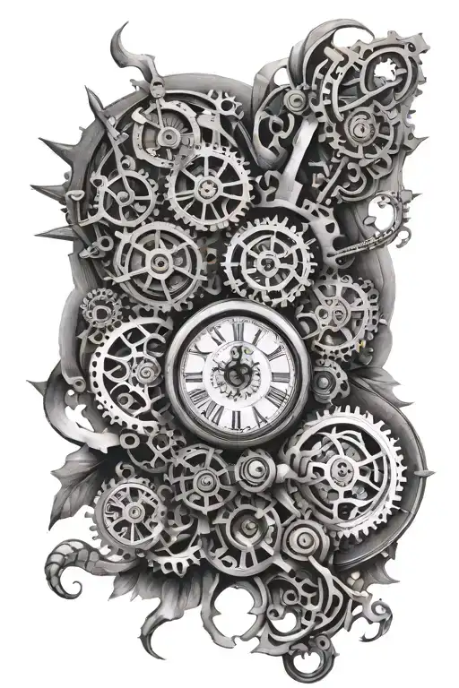 realistic black and grey tattoo sleeve, biomechanical,clockwork, intricate details, high contrast tattoo design idea