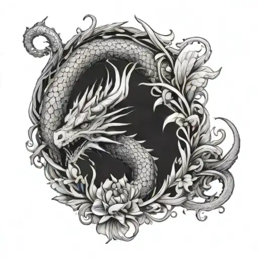 realistic black and white sleeve tattoo, dragon, flowers, intricate details tattoo design idea