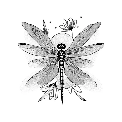 A blackwork tattoo of a dragonfly surrounded by flowers and the word 'Energia' tattoo design idea