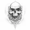 A skull emerging from an open book with Necronomicon symbols as pages tattoo design idea