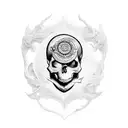 A stack of books with a skull on top, surrounded by intricate Necronomicon symbols tattoo design idea