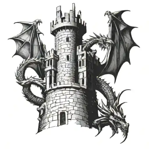 A dragon mixing audio tracks on a medieval castle turret tattoo design idea