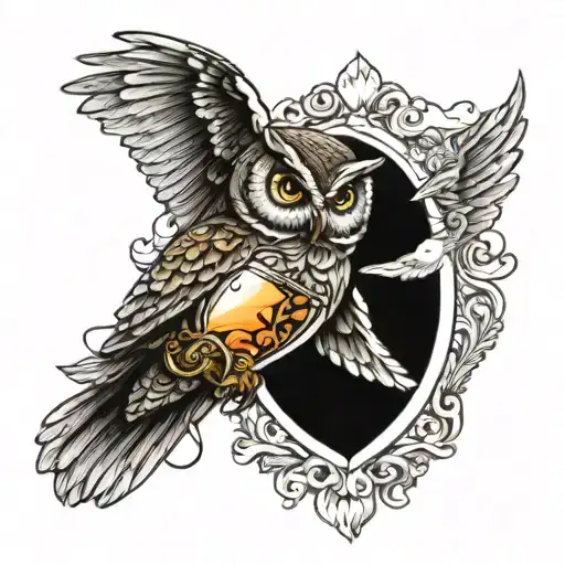 owl flying and hour glass window tattoo design idea