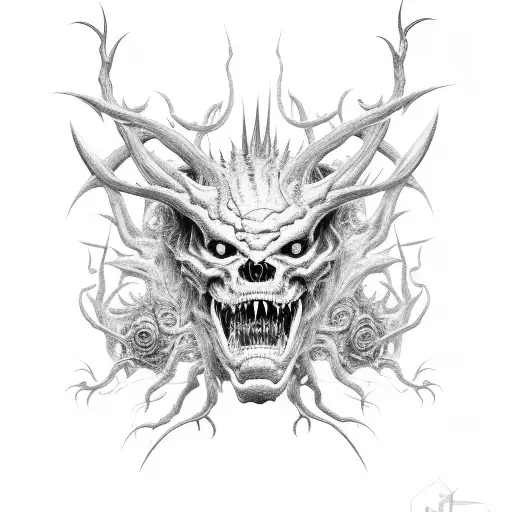 side profile demons with ripped lower jaw with many sharp fangs sticking out and thorns coming out it's head tattoo design idea