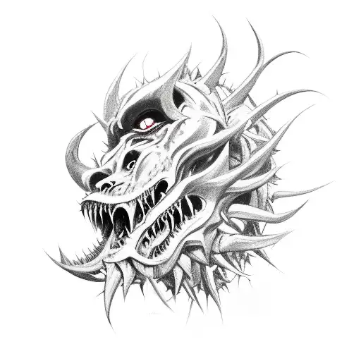 side profile demons with ripped lower jaw with many sharp fangs sticking out and thorns coming out it's head tattoo design idea