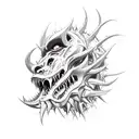 side profile demons with ripped lower jaw with many sharp fangs sticking out and thorns coming out it's head tattoo design idea