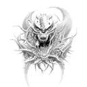 side profile demons with ripped lower jaw with many sharp fangs sticking out and thorns coming out it's head tattoo design idea