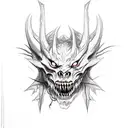 side profile demons with ripped lower jaw with many sharp fangs sticking out and thorns coming out it's head tattoo design idea