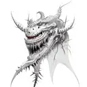 side profile demons with ripped lower jaw with many sharp fangs sticking out and thorns coming out it's head tattoo design idea