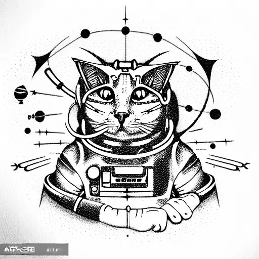 Cyber cat, space, planets, trash polka style, iPhone in paws tattoo design idea