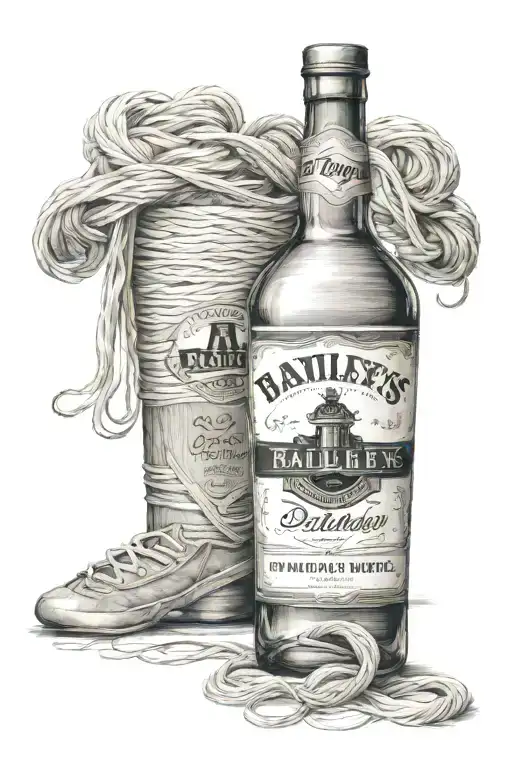 yarn and baileys bottle memorial tattoo design idea