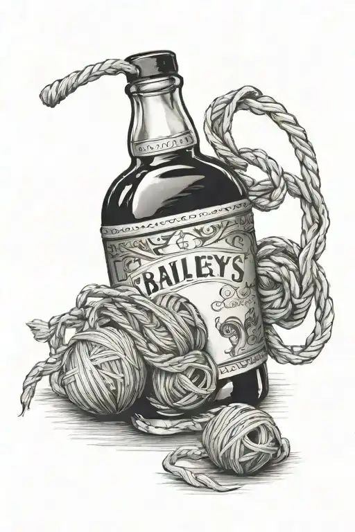 ball of yarn and baileys bottle tattoo design idea