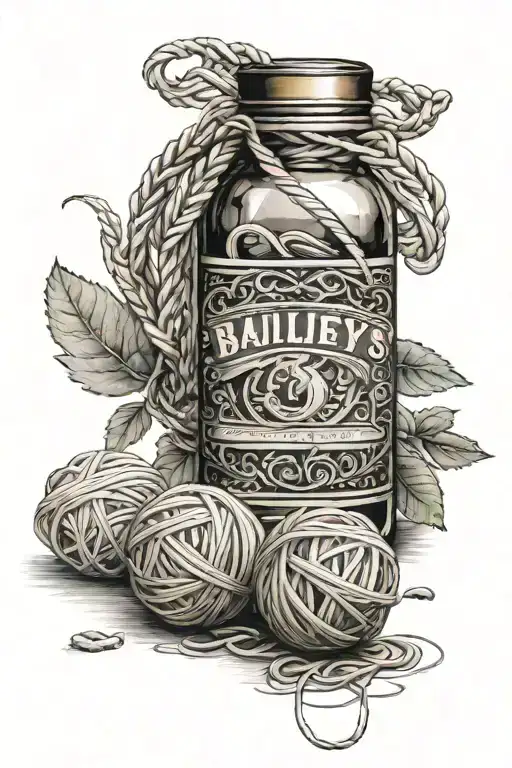 ball of yarn next to  baileys bottle tattoo design idea