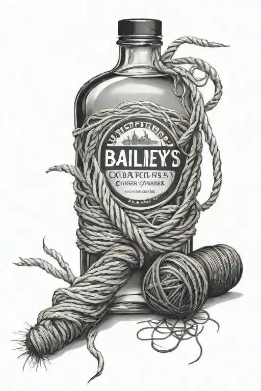 ball of yarn next to  baileys bottle tattoo design idea