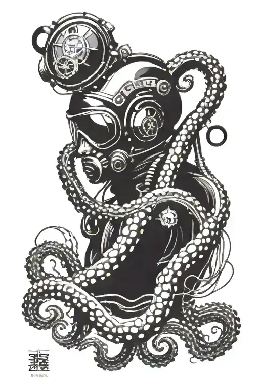 A realistic portrait of a scuba diving instructor with a helmet shaped like an octopus, surrounded by waves and musical notes tattoo design idea