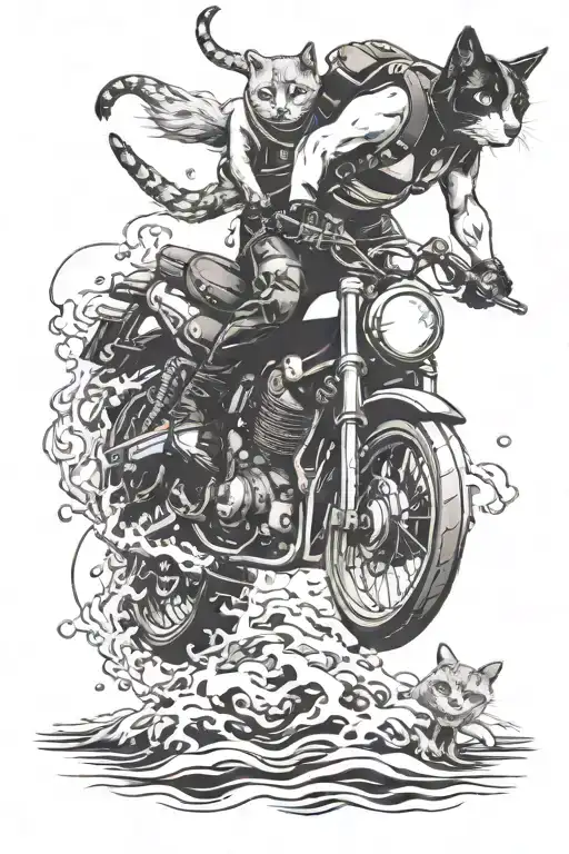 A dynamic tattoo of a scuba diver riding a motorcycle on the ocean floor, with a cat and a dog riding pillion tattoo design idea