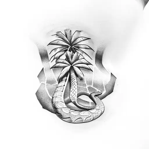 Snake with palm tree and bible scripture tattoo design idea
