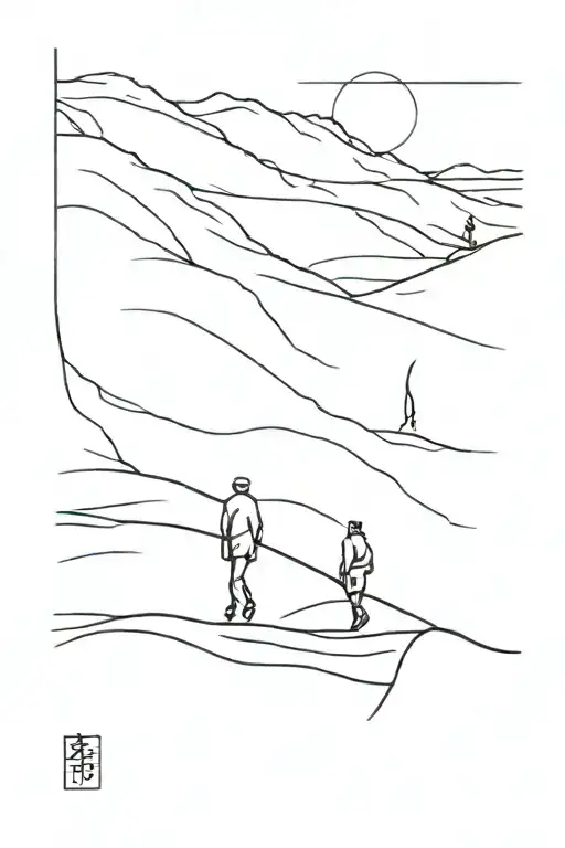 dune 2 landscape and little fremen doing the sandwalk on a windy day tattoo design idea