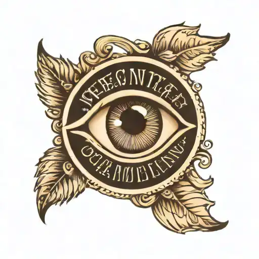 black and white eye  with Latin word round it  tattoo design idea