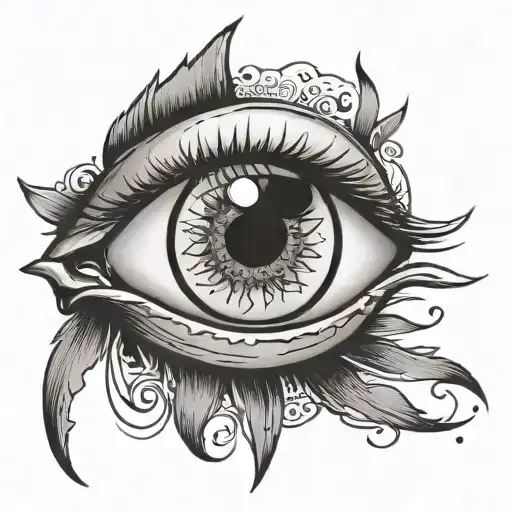 black and white eye  with Latin word round it  tattoo design idea