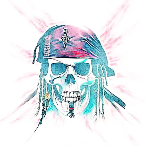 jack sparrow skull with a ghost pirate ship surrounding him tattoo design idea