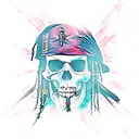 jack sparrow skull with a ghost pirate ship surrounding him tattoo design idea