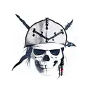 jack sparrow skull with a ghost pirate ship surrounding him tattoo design idea
