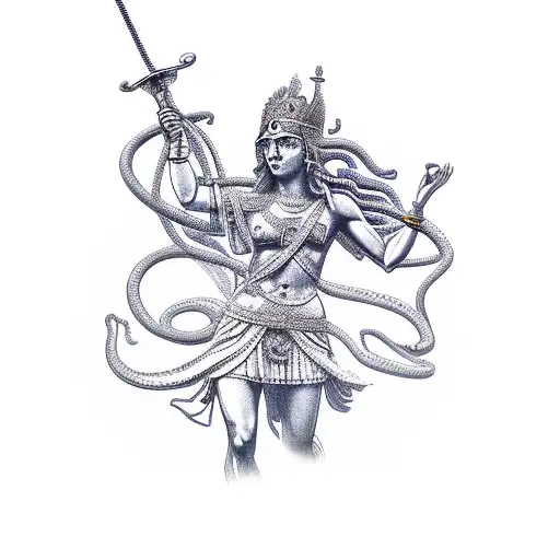 A full body design of the goddess themis. Shes wearing a blindfold, carrying a sword and scales, stepping on snake tattoo design idea