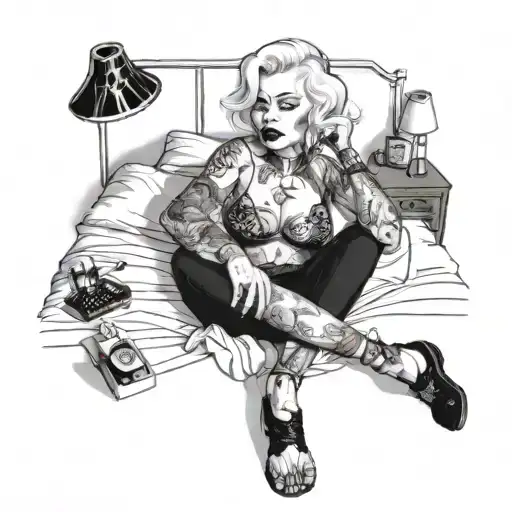 marilyn monoe with alot of tattoos in a hotel room smoking weed with her diabetic syringes on the bed tattoo design idea