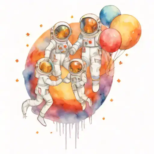 A traditional tattoo of a family of astronauts floating in space, with each family member holding a planet symbolizing their unity and connection across the universe tattoo design idea