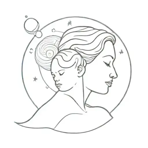 A traditional style tattoo of a mother and child silhouette, surrounded by planets and moons to represent the bond between a mother and her child tattoo design idea