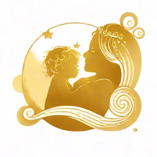 A traditional style tattoo of a mother and child silhouette, surrounded by planets and moons to represent the bond between a mother and her child tattoo design idea
