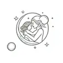 A traditional style tattoo of a mother and child silhouette, surrounded by planets and moons to represent the bond between a mother and her child tattoo design idea